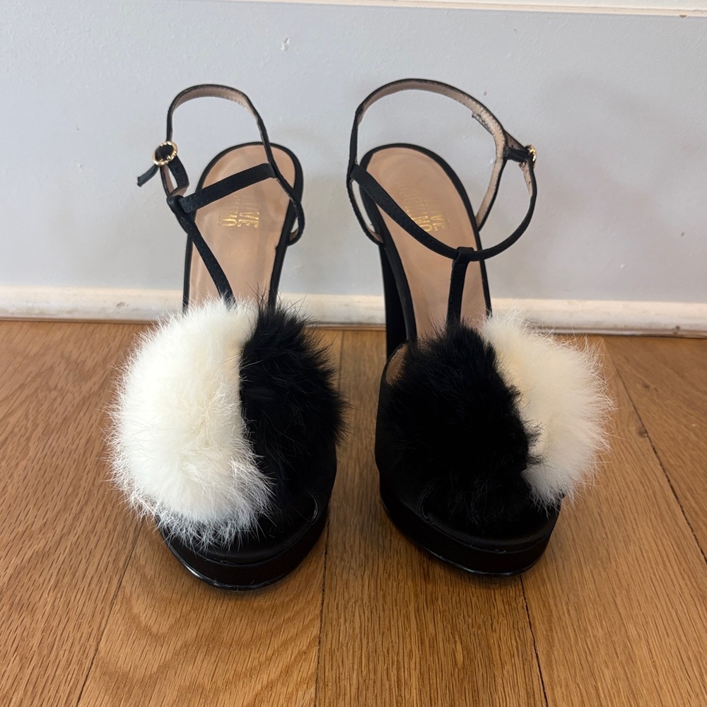 Love Moschino Black and White Satin Women's Heels